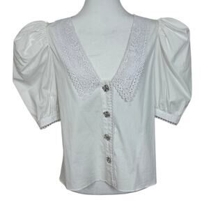 River Island Lace Over Sizes Collar Button Front Puff Sleeve Top I 8